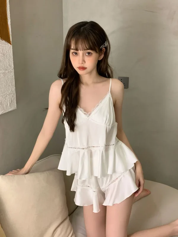 Casual Strap Top And Loose Satin Shorts V-Neck Sleepwear - Image 11