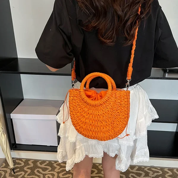 Casual Straw Rattan Half-Moon Beach Handbag Large Capacity Hollow Out Crossbody Shoulder Bag - Image 18
