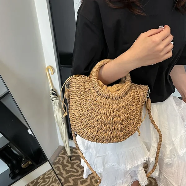 Casual Straw Rattan Half-Moon Beach Handbag Large Capacity Hollow Out Crossbody Shoulder Bag - Image 9