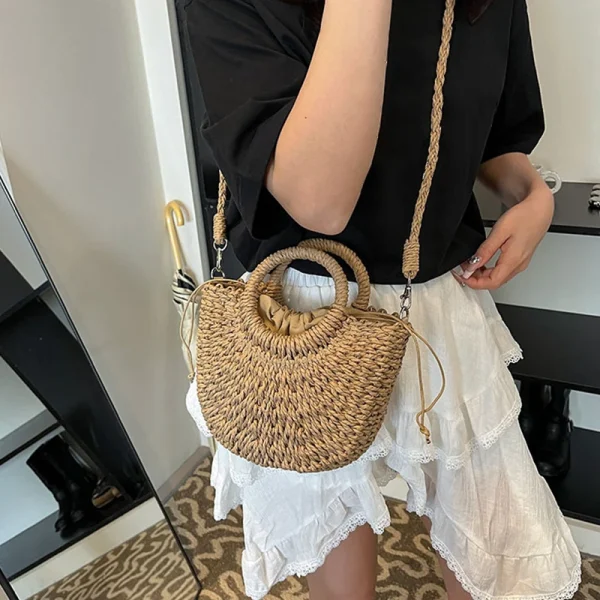 Casual Straw Rattan Half-Moon Beach Handbag Large Capacity Hollow Out Crossbody Shoulder Bag - Image 8