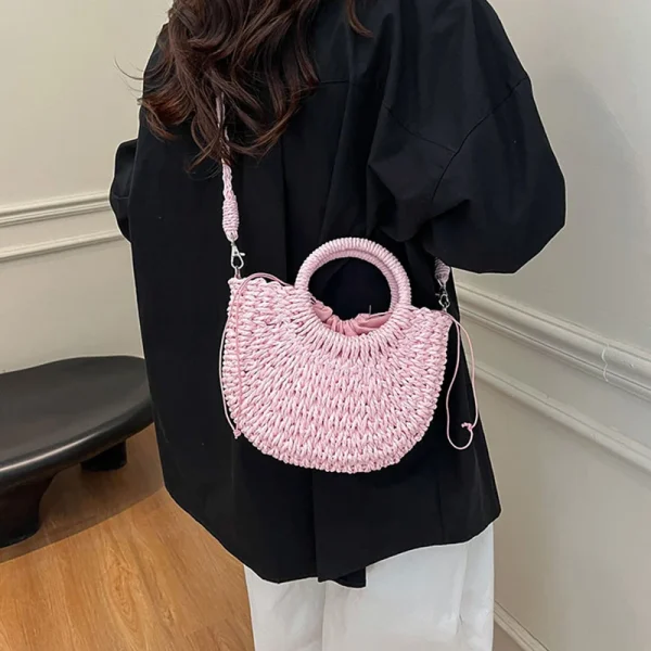 Casual Straw Rattan Half-Moon Beach Handbag Large Capacity Hollow Out Crossbody Shoulder Bag - Image 7