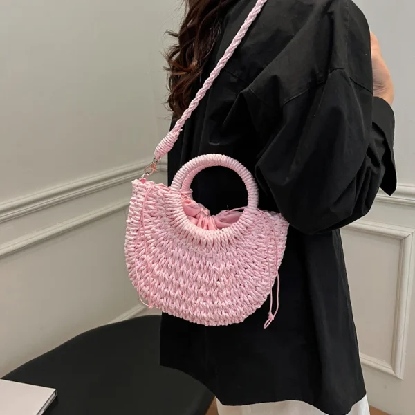 Casual Straw Rattan Half-Moon Beach Handbag Large Capacity Hollow Out Crossbody Shoulder Bag - Image 6