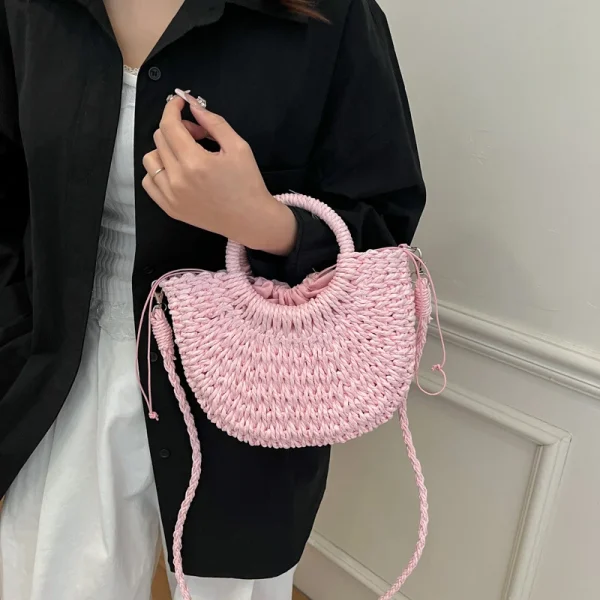 Casual Straw Rattan Half-Moon Beach Handbag Large Capacity Hollow Out Crossbody Shoulder Bag - Image 5