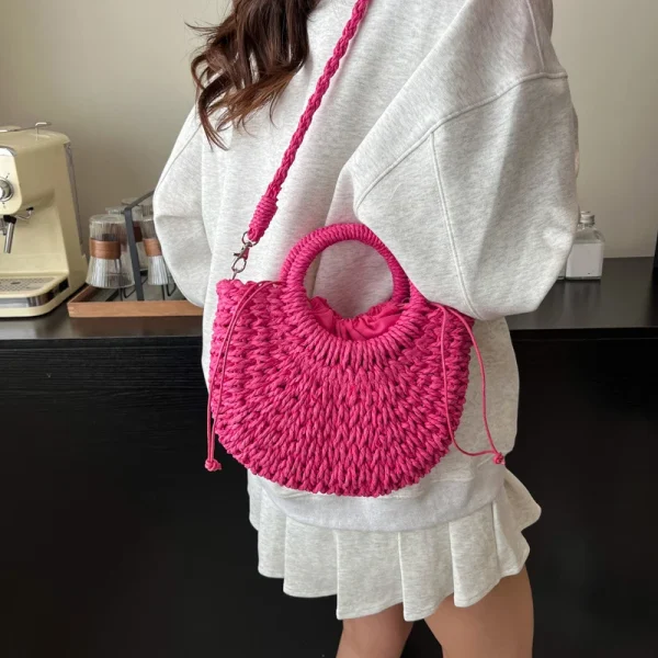 Casual Straw Rattan Half-Moon Beach Handbag Large Capacity Hollow Out Crossbody Shoulder Bag - Image 4