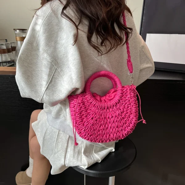 Casual Straw Rattan Half-Moon Beach Handbag Large Capacity Hollow Out Crossbody Shoulder Bag - Image 3
