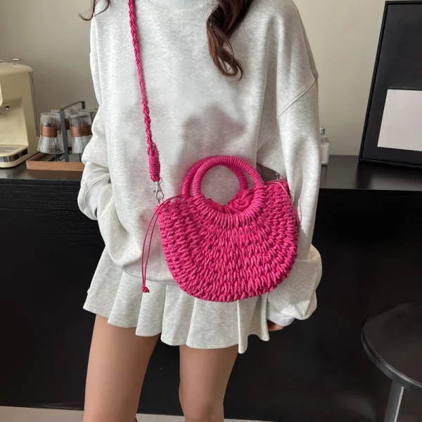 Casual Straw Rattan Half-Moon Beach Handbag Large Capacity Hollow Out Crossbody Shoulder Bag - Image 2