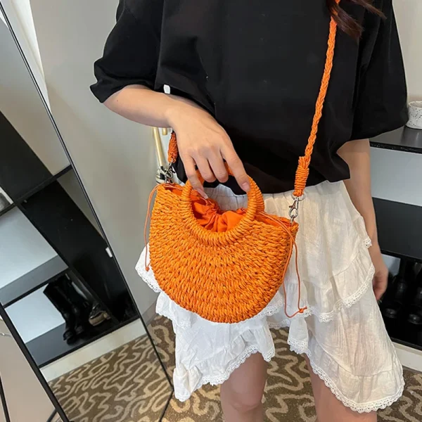 Casual Straw Rattan Half-Moon Beach Handbag Large Capacity Hollow Out Crossbody Shoulder Bag - Image 17