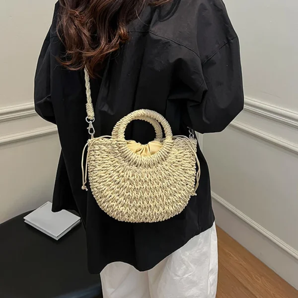 Casual Straw Rattan Half-Moon Beach Handbag Large Capacity Hollow Out Crossbody Shoulder Bag - Image 15