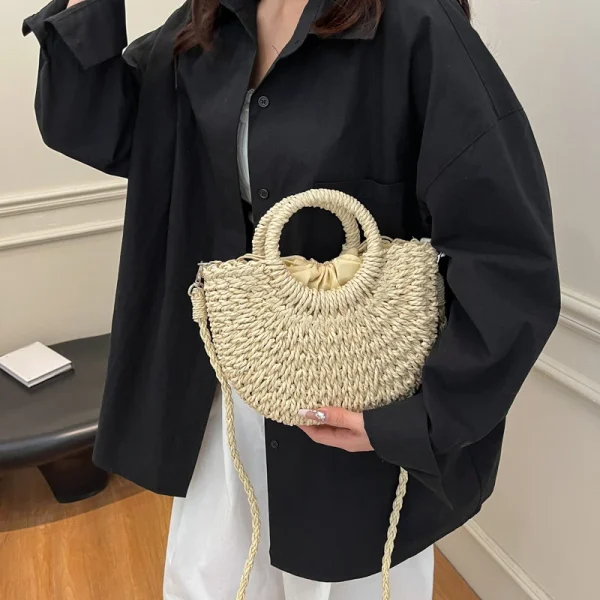 Casual Straw Rattan Half-Moon Beach Handbag Large Capacity Hollow Out Crossbody Shoulder Bag - Image 14