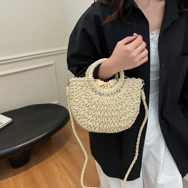 Casual Straw Rattan Half-Moon Beach Handbag Large Capacity Hollow Out Crossbody Shoulder Bag - Image 13
