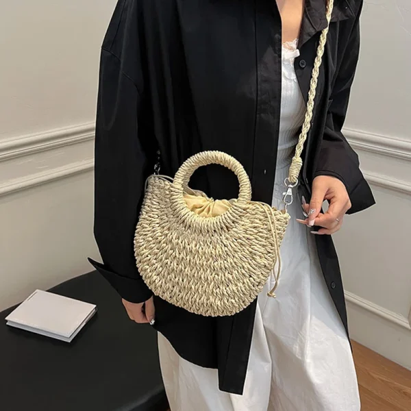 Casual Straw Rattan Half-Moon Beach Handbag Large Capacity Hollow Out Crossbody Shoulder Bag - Image 12