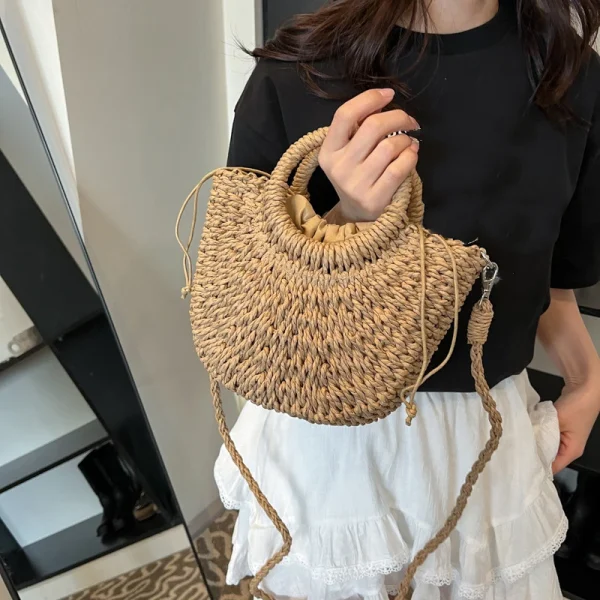 Casual Straw Rattan Half-Moon Beach Handbag Large Capacity Hollow Out Crossbody Shoulder Bag - Image 11