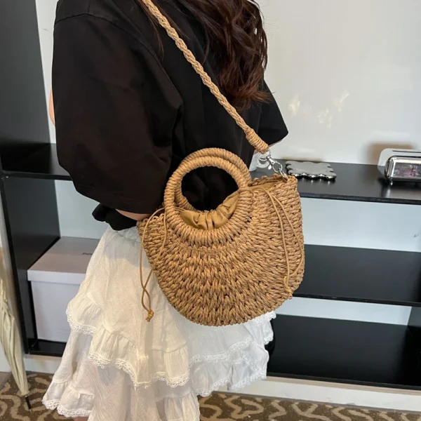 Casual Straw Rattan Half-Moon Beach Handbag Large Capacity Hollow Out Crossbody Shoulder Bag - Image 10