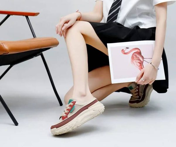 Casual Thick Soles Increase Mesh Lace Up Half Slipper Sports Shoes - Image 11