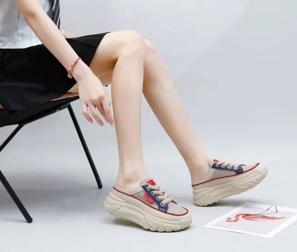 Casual Thick Soles Increase Mesh Lace Up Half Slipper Sports Shoes - Image 2