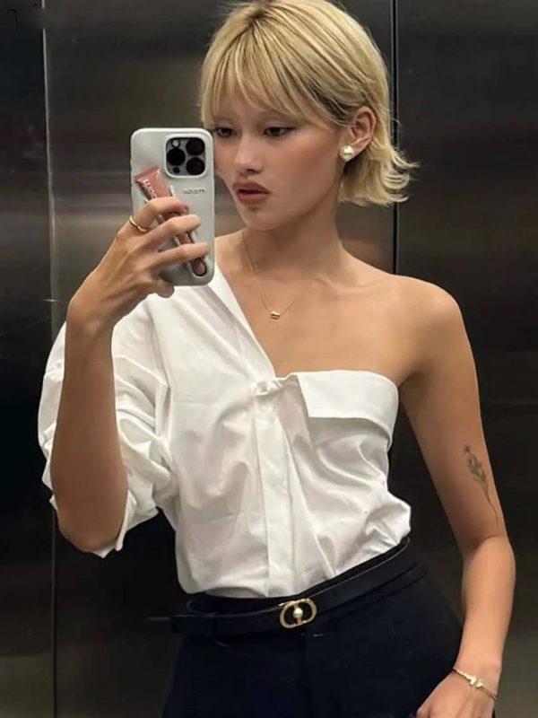 Casual Turn-Down Collar Half Sleeve One-Shoulder Blouses Single Breasted Shirts