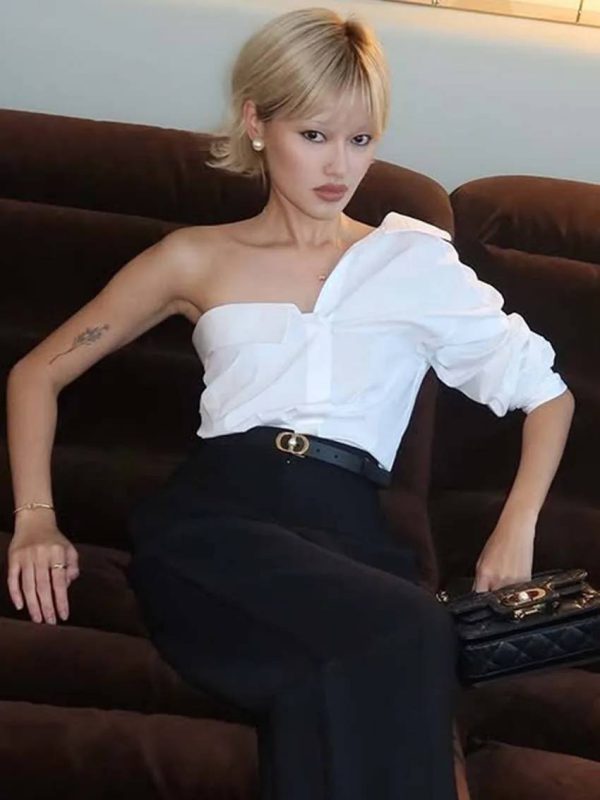 Casual Turn-Down Collar Half Sleeve One-Shoulder Blouses Single Breasted Shirts - Image 3