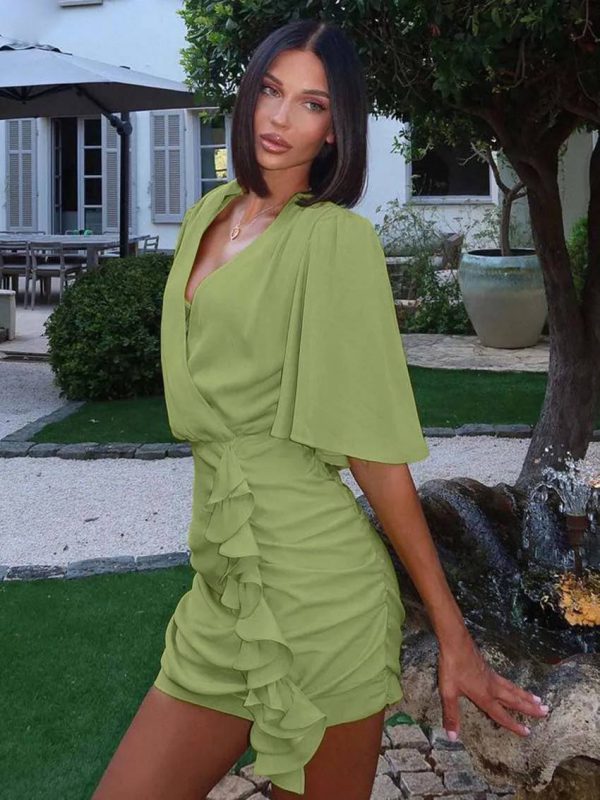 Casual V-Neck Half Sleeve Lace-Up Slim Elegant Ruffled Mini Dress - Image 6
