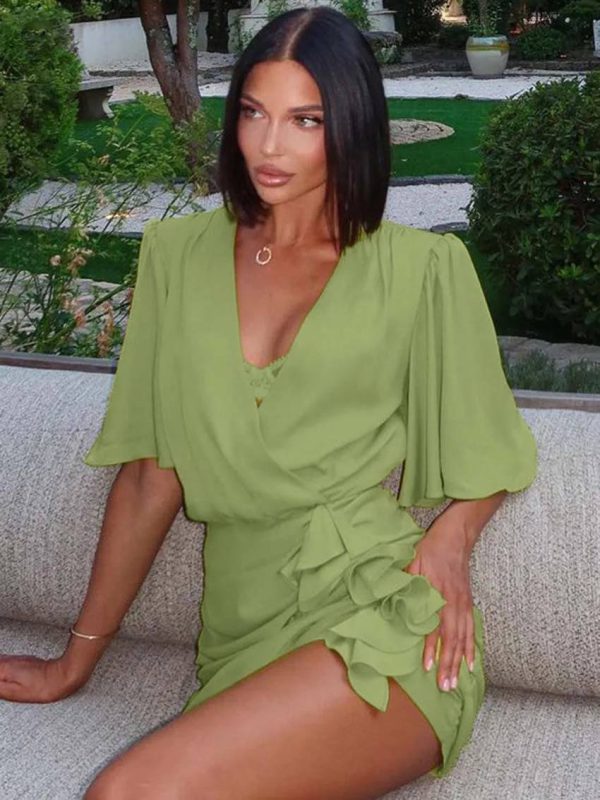 Casual V-Neck Half Sleeve Lace-Up Slim Elegant Ruffled Mini Dress - Image 5
