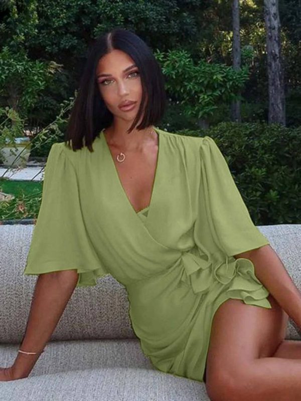 Casual V-Neck Half Sleeve Lace-Up Slim Elegant Ruffled Mini Dress - Image 4