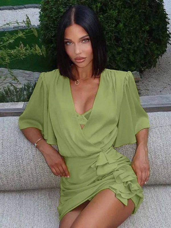 Casual V-Neck Half Sleeve Lace-Up Slim Elegant Ruffled Mini Dress - Image 3