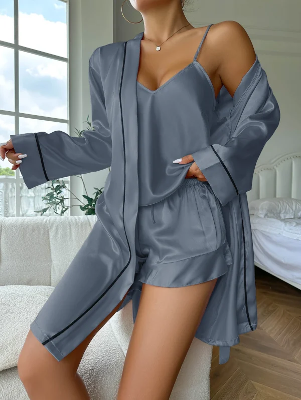 Casual V Neck Long Sleeve Belted Robe Simple Satin Pajama Set - Image 10
