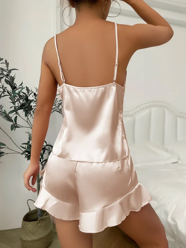 Casual V Neck Long Sleeve Belted Robe Simple Satin Pajama Set - Image 15