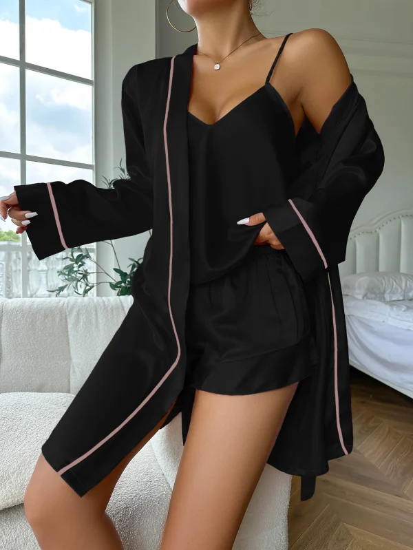 Casual V Neck Long Sleeve Belted Robe Simple Satin Pajama Set - Image 19