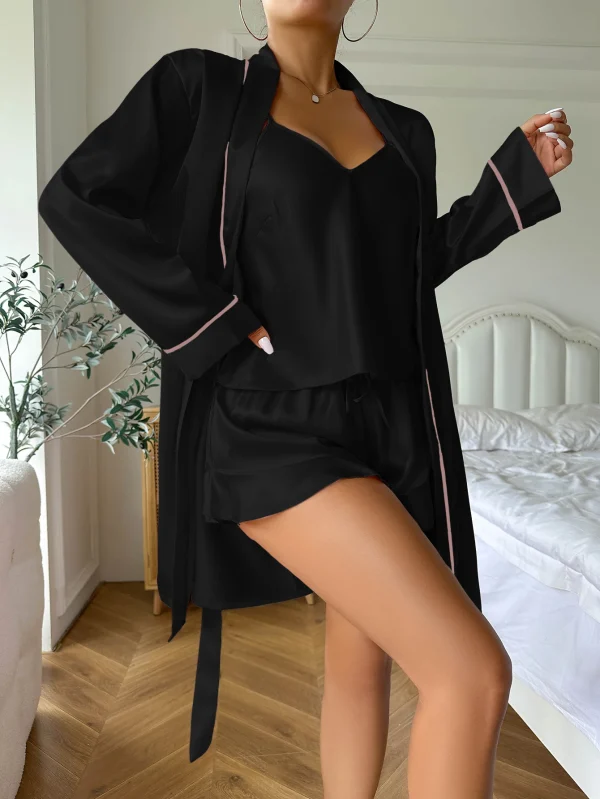 Casual V Neck Long Sleeve Belted Robe Simple Satin Pajama Set - Image 22