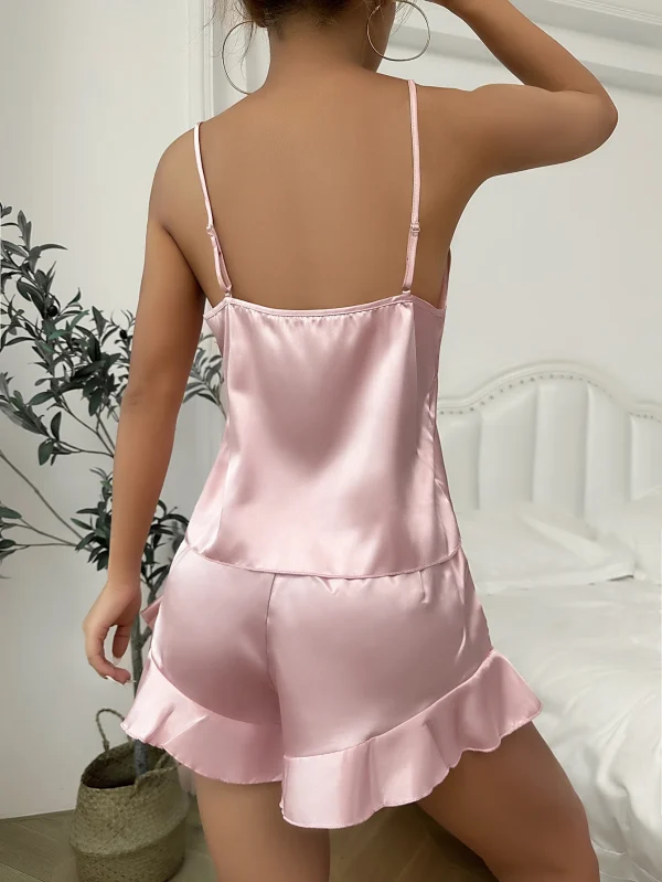 Casual V Neck Long Sleeve Belted Robe Simple Satin Pajama Set - Image 4