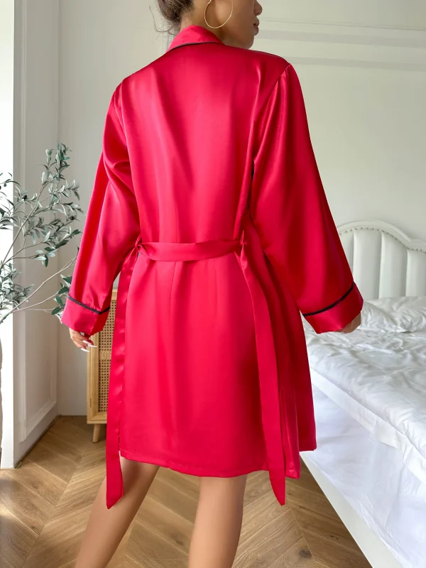 Casual V Neck Long Sleeve Belted Robe Simple Satin Pajama Set - Image 8