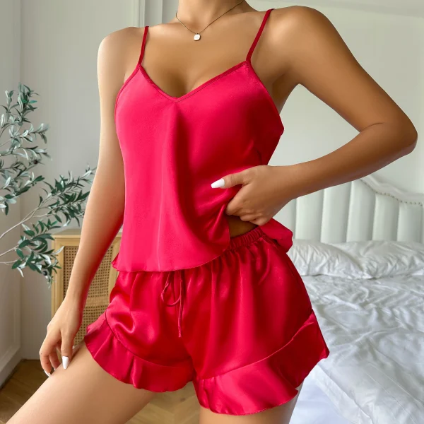 Casual V Neck Long Sleeve Belted Robe Simple Satin Pajama Set - Image 7