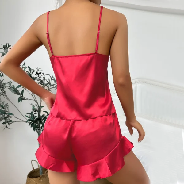 Casual V Neck Long Sleeve Belted Robe Simple Satin Pajama Set - Image 9