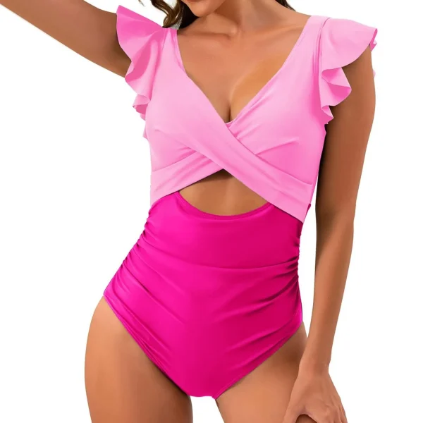 Casual V Neck Solid Color Backless Tummy High Cut One Piece Swimsuit - Image 13