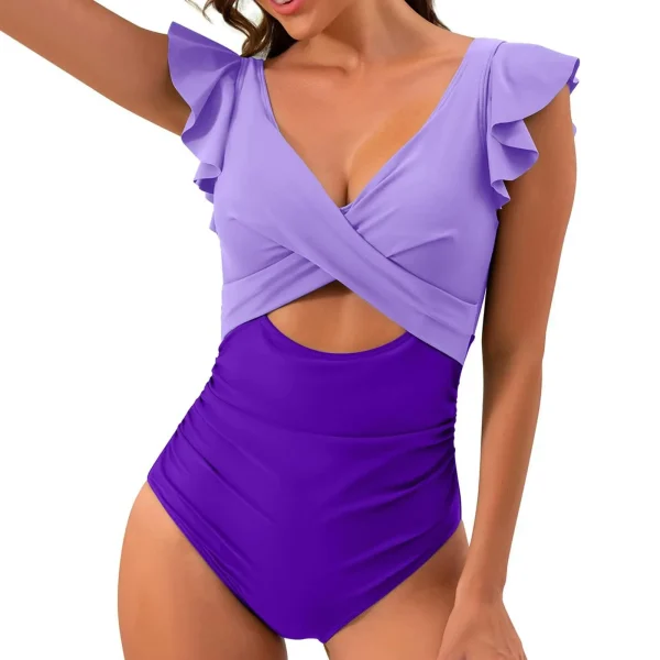 Casual V Neck Solid Color Backless Tummy High Cut One Piece Swimsuit - Image 15