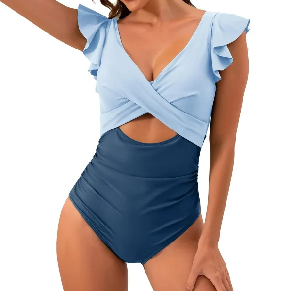 Casual V Neck Solid Color Backless Tummy High Cut One Piece Swimsuit - Image 7