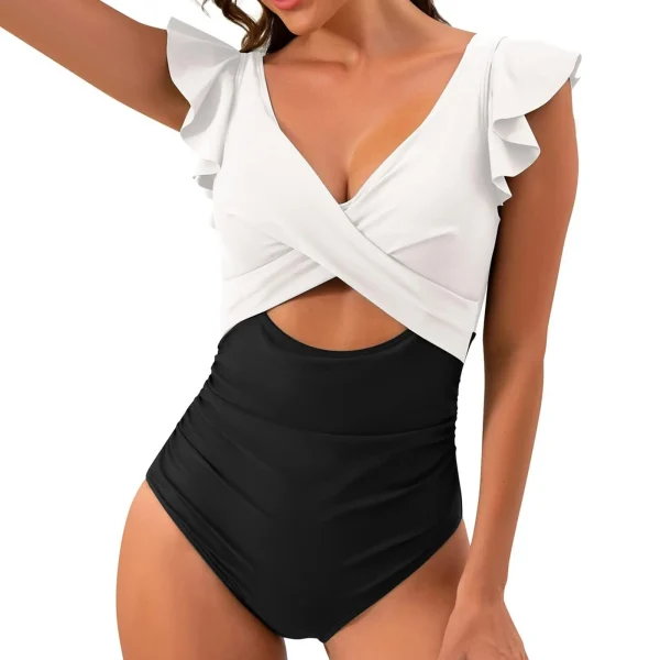 Casual V Neck Solid Color Backless Tummy High Cut One Piece Swimsuit - Image 17