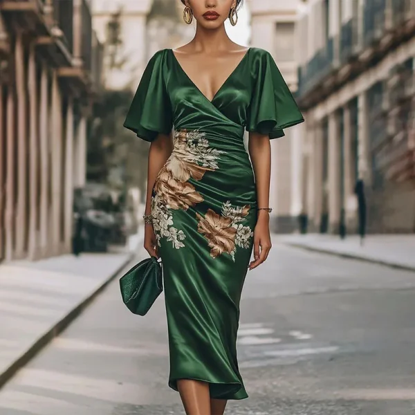 Chic Satin Deep V-Neck Pattern Printed Butterfly Sleeve Elegant Vacation Boho Dresses