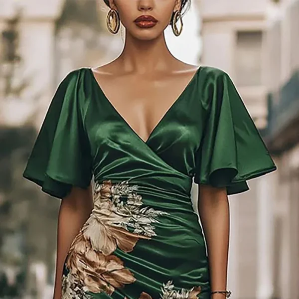 Chic Satin Deep V-Neck Pattern Printed Butterfly Sleeve Elegant Vacation Boho Dresses - Image 2
