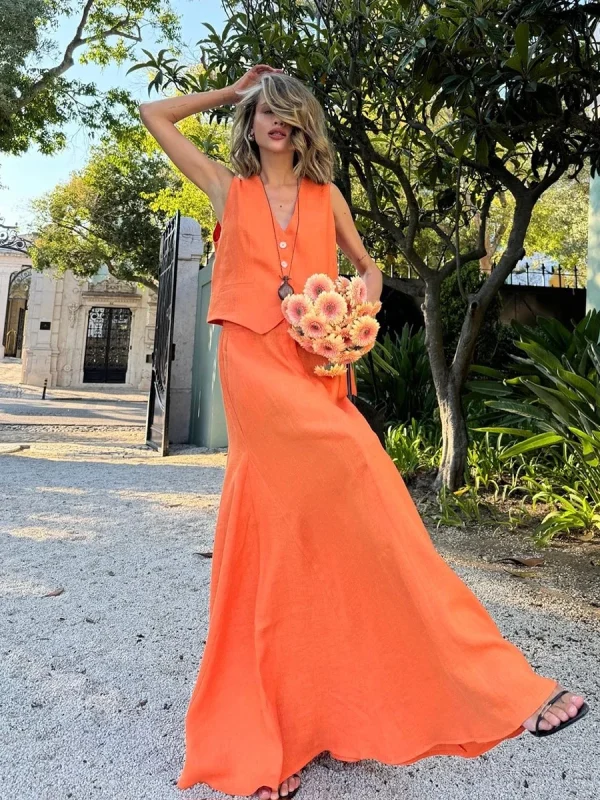 Chic Vest Long Skirt 2-Piece Set Sleeveless Top Fashionable Office Ladies Loose Dress - Image 4