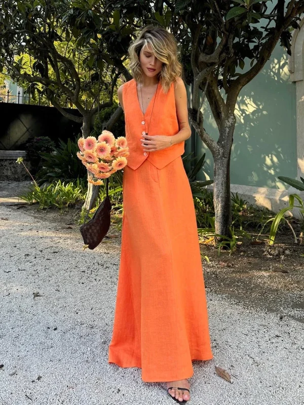 Chic Vest Long Skirt 2-Piece Set Sleeveless Top Fashionable Office Ladies Loose Dress