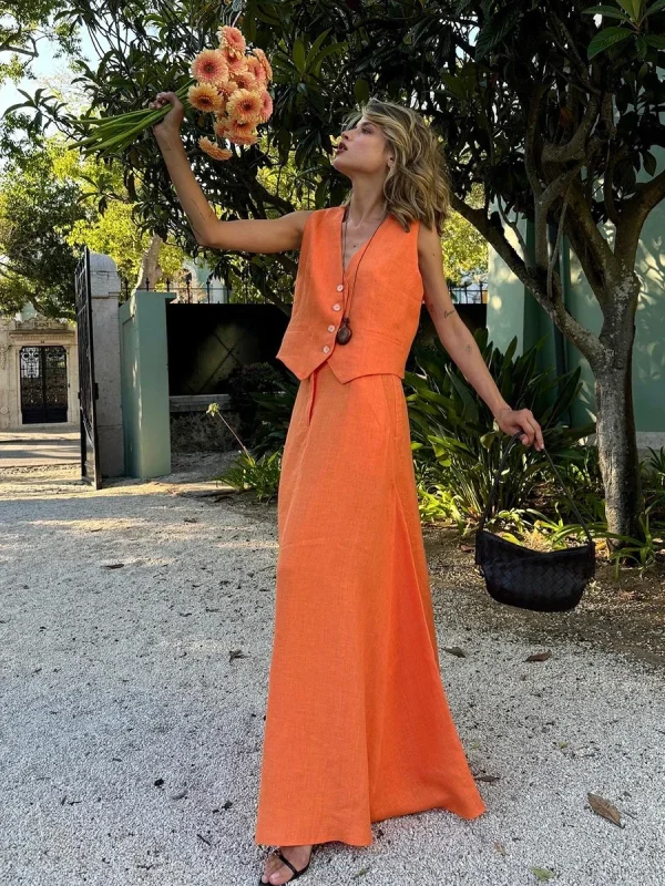 Chic Vest Long Skirt 2-Piece Set Sleeveless Top Fashionable Office Ladies Loose Dress - Image 2