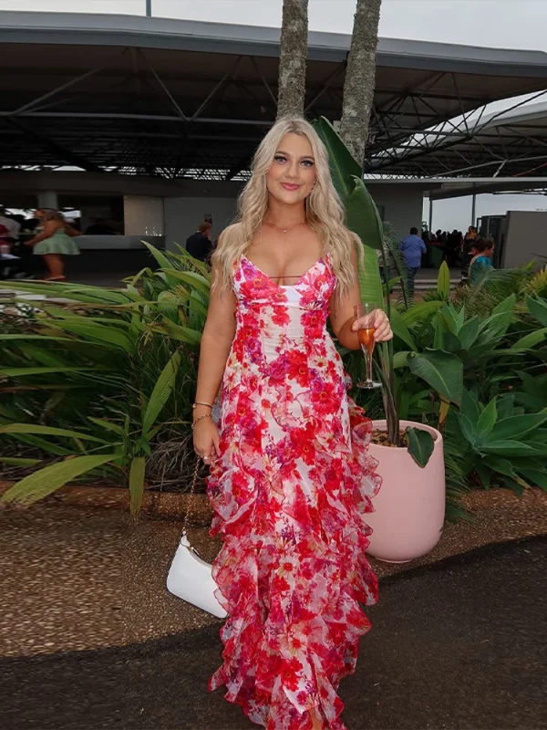 Chiffon Print Ruffles Strapless Sleeveless Backless Side Split Party Evening Dresses - Image 4