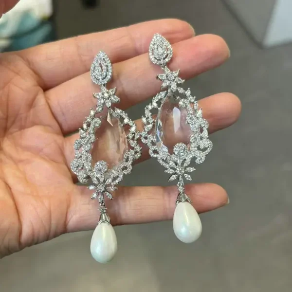 Classic Geometric Cubic Zirconia Copper Plant Long Earring - Image 6