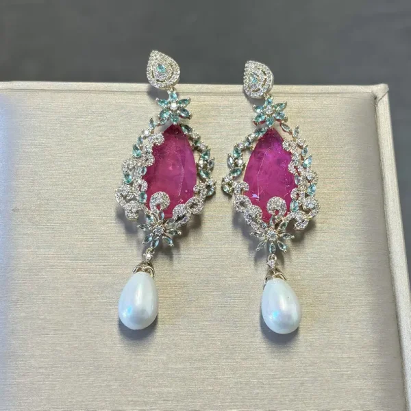 Classic Geometric Cubic Zirconia Copper Plant Long Earring - Image 4