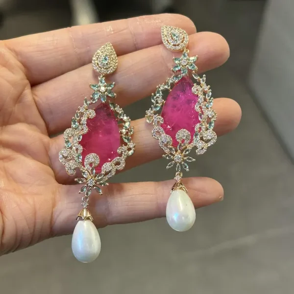 Classic Geometric Cubic Zirconia Copper Plant Long Earring - Image 3
