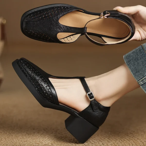 Classic Hollow-Out Sheepskin T-strap Thick Med Pumps High Heels Sandals - Image 20