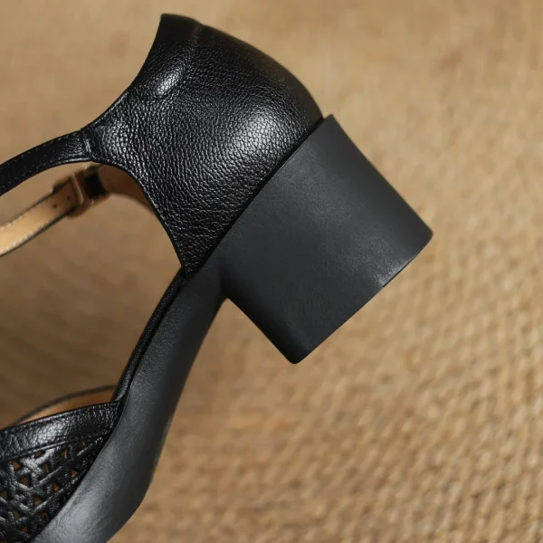 Classic Hollow-Out Sheepskin T-strap Thick Med Pumps High Heels Sandals - Image 18