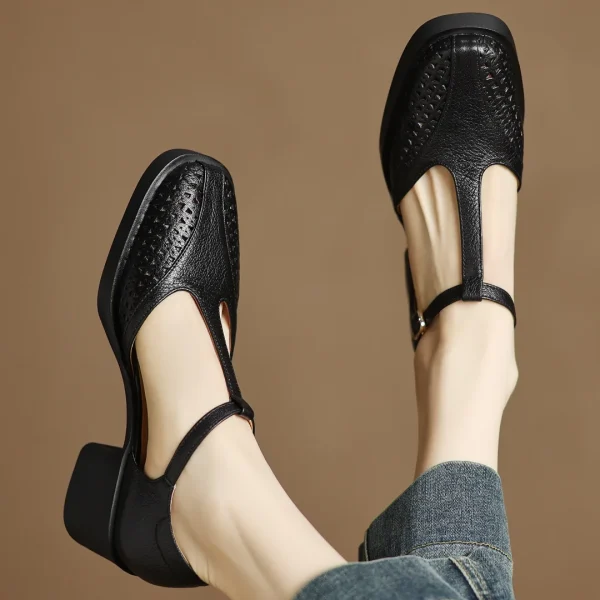 Classic Hollow-Out Sheepskin T-strap Thick Med Pumps High Heels Sandals - Image 11