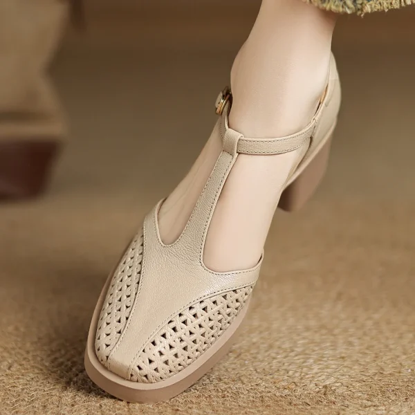 Classic Hollow-Out Sheepskin T-strap Thick Med Pumps High Heels Sandals - Image 3
